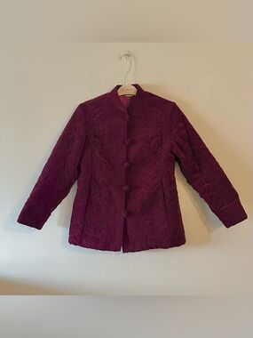 Vintage 80s Velvet Asian Quilted Jacket Cheongsam Frog Closure Maroon Boho M